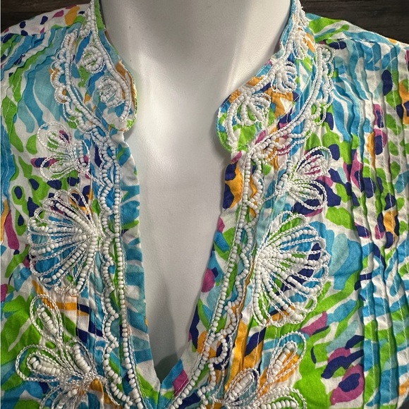 Lilly Pulitzer Blue and Yellow Graphic Embellished Tropical Print Blouse Small - Picture 4 of 9